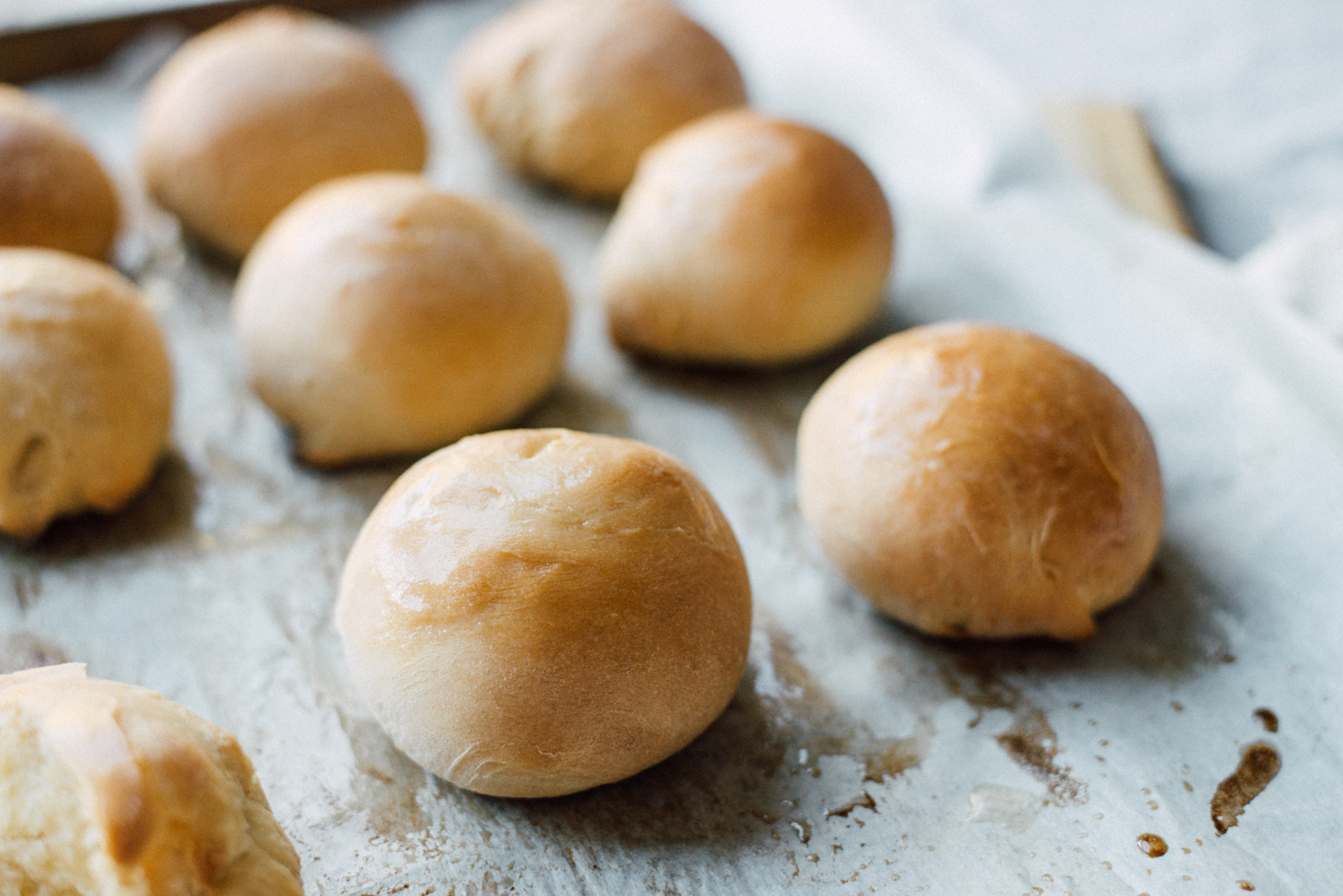 buttery yeast Thanksgiving parker house rolls freshly baked on parchment paper