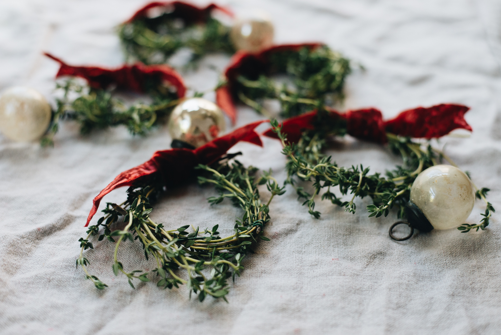 thyme mini wreaths with crushed red velvet and mercury ornaments