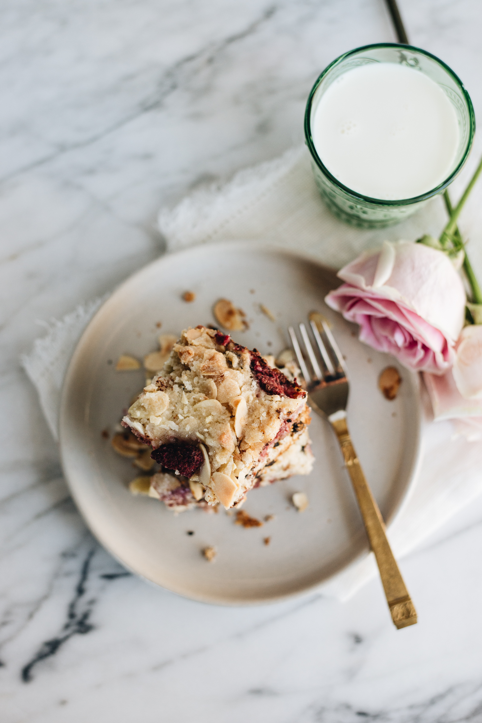 dark chocolate raspberry coffee cake with roses and milk casey wiegand