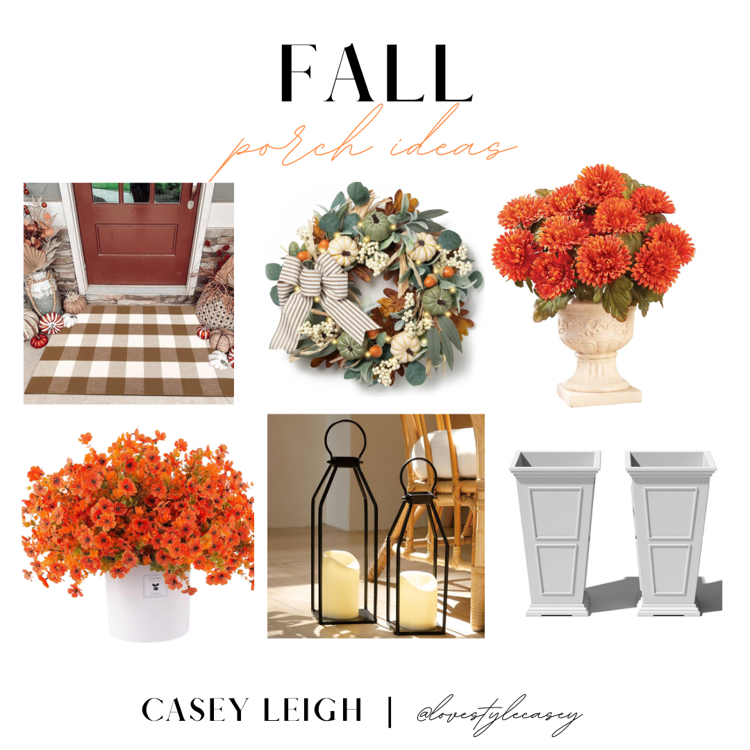 Checkered mat Lanterns for fall Fall wreath UV florals Seasonal porch ideas Cozy fall entryway Autumn porch essentials