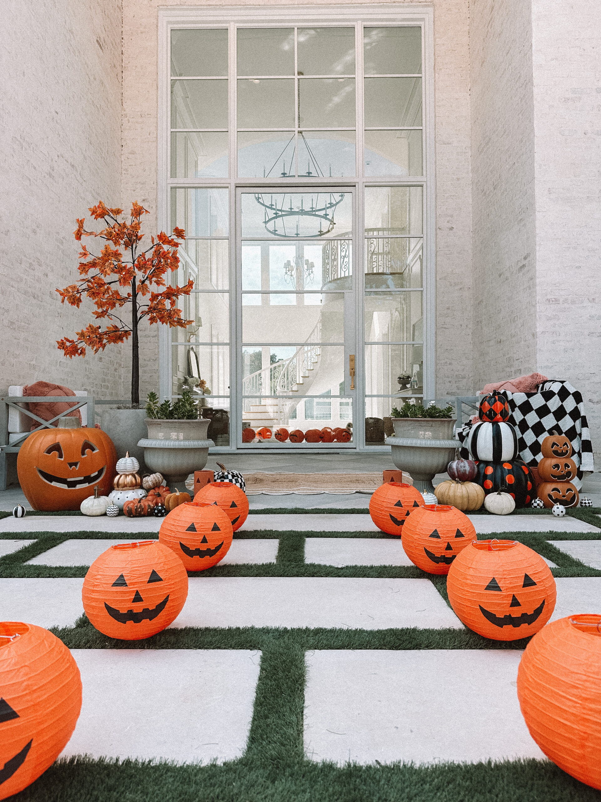 Fall porch decor Autumn outdoor decorations Orange mums White planters