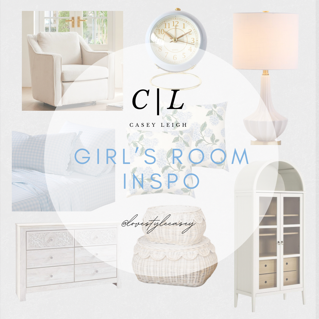 hydrangea pillows, gingham sheets, white glass lamp, scalloped baskets, bow sconce, cozy kids room, girls bedroom furniture, bedroom storage ideas, kids decor